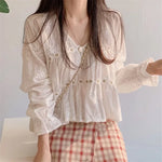 White lace blouse with V-neck &amp; trumpet sleeves in Korean style