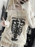 White Gothic Sweater with Skeleton Design Off-Shoulder Style