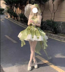 Magical Short Sleeve Lolita Dress in Green – High Waist, Off-Shoulder, for a Cute Alternative Look**