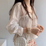 White lace blouse with V-neck &amp; trumpet sleeves in Korean style