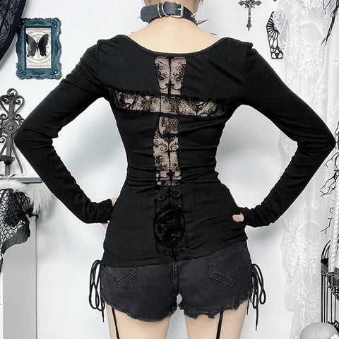 Cyber Goth Top with Lace Patchwork and Cross Motif