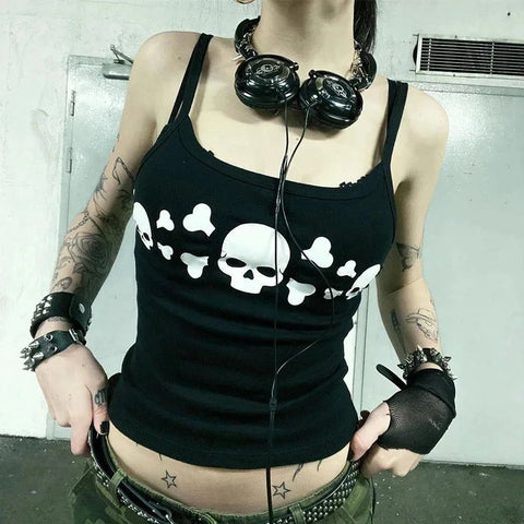 Grunge-Style Black Top with Skulls for Women