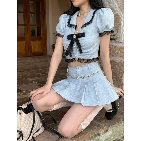 Lolita Crop Top and Mini Skirt Set with Peter Pan Collar and Bow