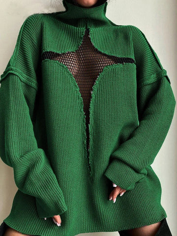 Y2K Strick Oversize Pullover with Mesh Design Long Turtleneck