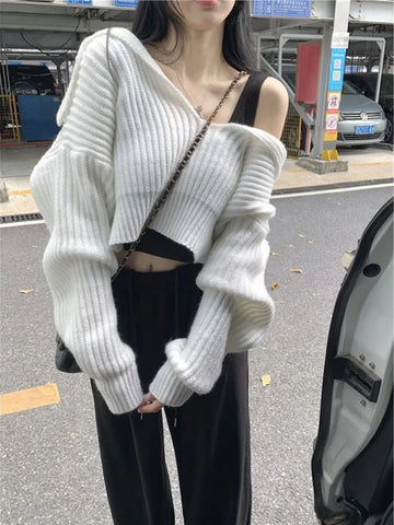 Gray Off-Shoulder Pullover Cropped Y2K Look