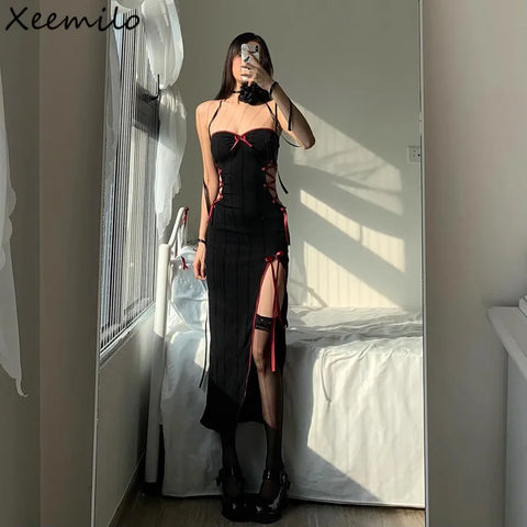 Gothic Sexy Long Sleeve Dress with Lacing and High Slits