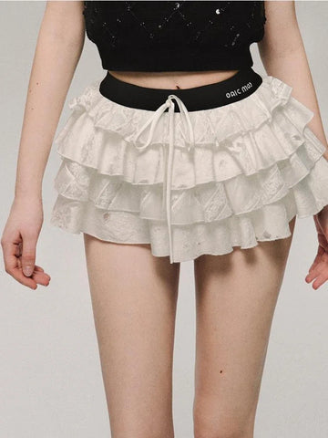 Kawaii White Ruffle Shorts Cute Y2K Mini Skirt