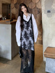 Y2K Black Floral Embroidery Layered Maxi Dress