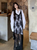 Y2K Black Floral Embroidery Layered Maxi Dress