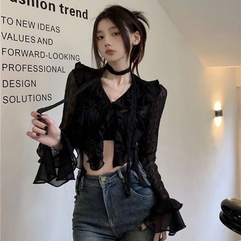 Verführerische Gothic Spitzenbluse mit Transparenten Elementen