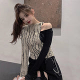 Asymmetric Long Sleeve Shirt with Stripe Patchwork in Korean Style