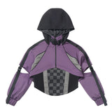 Y3K Still Sweet cool purple and black checkered jacket with cargo pants