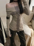 Off-Shoulder Y2K Women T-Shirt Casual Style Charming Look