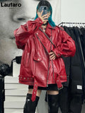 Oversized Red Shiny Crocodile Leather Biker Jacket Style