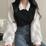 Korean summer blouse with long sleeves and polo collar