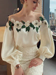 Soft-Girl Blouse with Off-Shoulder and Embroidery