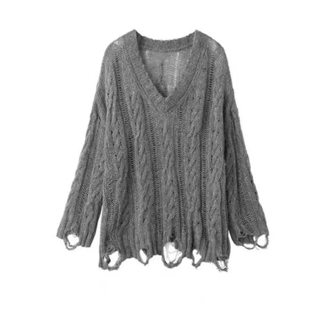 Loch pattern grey pullover semi transparent with off-shoulder cut