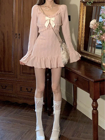 Delicate Softgirl-Pink Mini Dress with Ruffled Hem and Bow