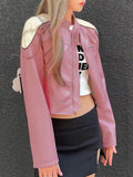 Trendige Rosa Patchwork PU Lederjacke im Streetwear-Stil