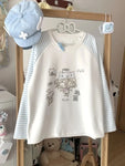 Blue Kawaii T-Shirt with cute cartoon print and striped sleeves