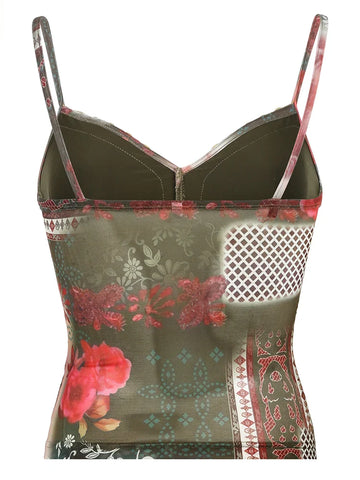 Vintage Y2K-Blumenmuster Camisole mit Mesh-Detail