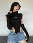 Schwarzer Egir Hoodie Bodysuit Sexy Round Neck Sleeveless