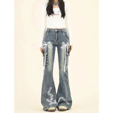 Washed grey and white flared jeans y2k with white embroidery