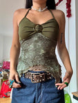 Boho Cami Top in Forest Green Asymmetrical Back Cutout Design