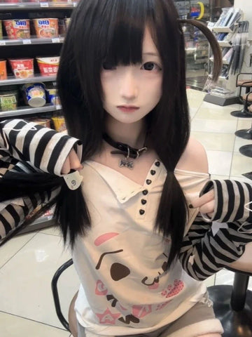 Kawaii Patchwork Hoodie with Cute Cartoon Print in Striped Design