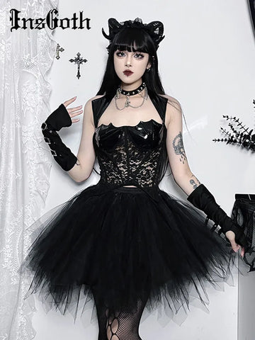 Damen Gothic Korsett Top mit Spitze und Tüllrock - Schwarz Steampunk Mode