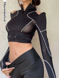 Schwarzes Gothic Crop-Top mit Schnallen und Mesh