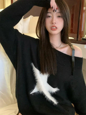 Oversized Pullover with Star Motif for Y2K