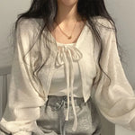 White soft-girl knitted cardigan with lacing and UV protection