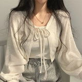 White soft-girl knitted cardigan with lacing and UV protection