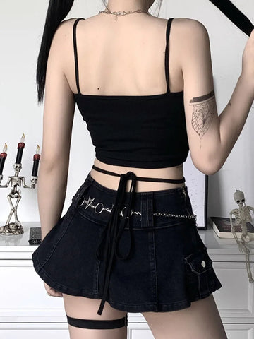 E-Girl Crop Top with Print and Straps Sexy Black