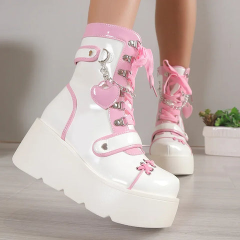 Gothic lolita Cute platform lace-up boots in white and pink