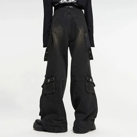 Cargo hose jeans E-Girl OVERSIZE Schwarz ausgewaschen mit Träger