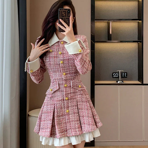 Ladies Tweed Mini Dress in Light Academia Style with Ruffles