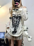 White Gothic Sweater with Skeleton Design Off-Shoulder Style