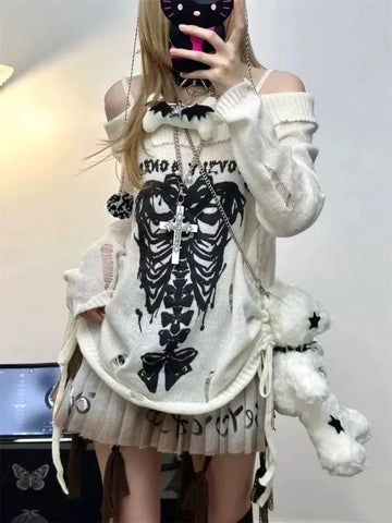 White Gothic Sweater with Skeleton Design Off-Shoulder Style