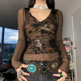 Grunge Patchwork Women's Long Sleeve V-Neck T-Shirt