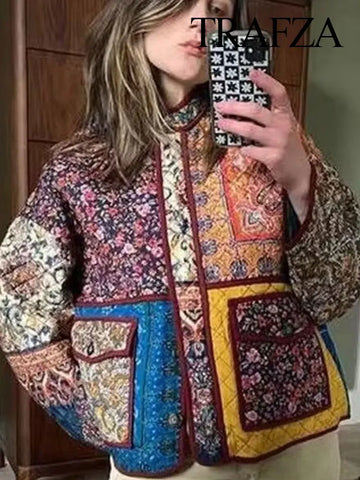 Ethno-Boho women's jacket with floral print and contrast pockets 2024