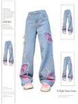 Washed denim jeans 2000's Baggy Jeans with pink Butterflies