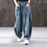 Indie-style oversized jeans with wide legs and Asian flair