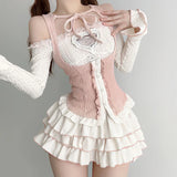 Knitted 3 Piece tutu Skirts Sets lolita gothic Crop Tops Blouse + Mini Skirts Lolita Suit Japanese