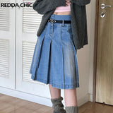 Denim midi pleated skirt in Acubi style