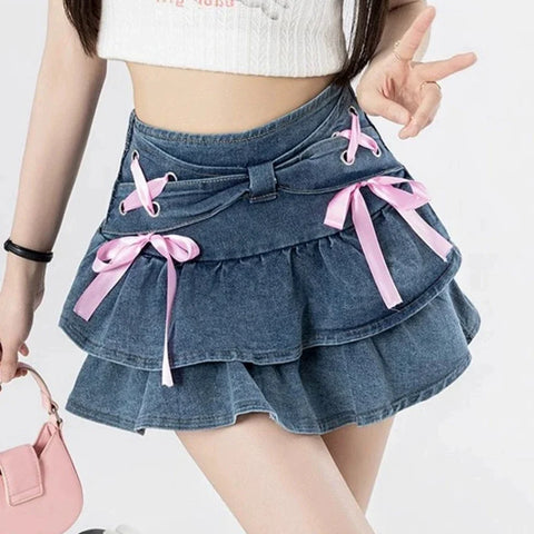 Kawaii cutecore Denim Mini Skirt with Ruffle and Bow