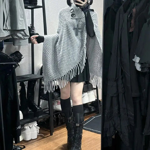 Goth oversized gray poncho with fringes and elegant