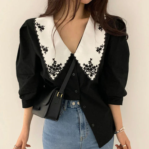 Korean blouse with embroidered collar