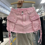 Pink high-waist denim skirt with fringes - soft-girl style